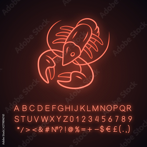 Crayfish neon light icon. Underwater sea animals, lobster. Healthy nutrition. Seafood restaurant. Food delicacy. Glowing sign with alphabet, numbers and symbols. Vector isolated illustration