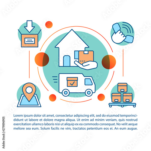 Moving service article page vector template. Delivery to door. Brochure, magazine, booklet design element with linear icons and text boxes. Print design. Concept illustrations with text space
