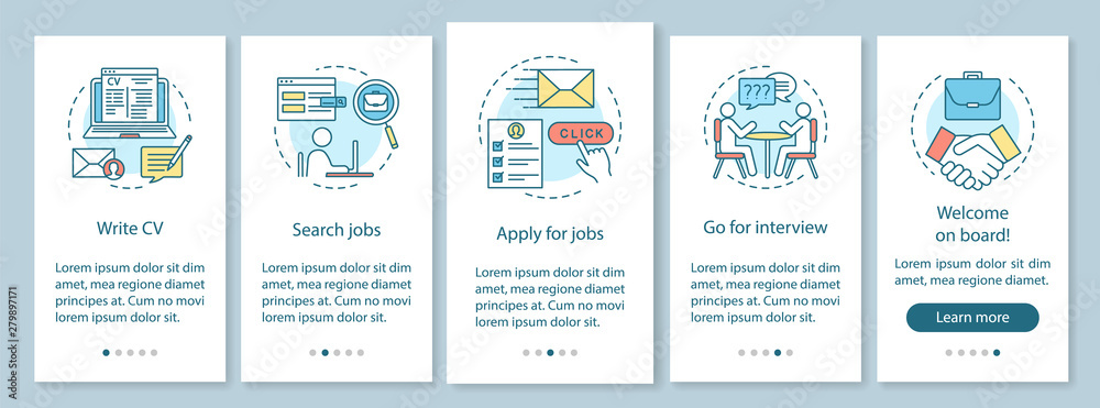 Job searching onboarding mobile app page screen vector template. Write CV, apply job, interview, getting work graphic instructions. Website steps with linear icons. UX, UI, GUI smartphone interface