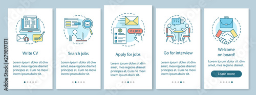 Job searching onboarding mobile app page screen vector template. Write CV, apply job, interview, getting work graphic instructions. Website steps with linear icons. UX, UI, GUI smartphone interface © bsd studio