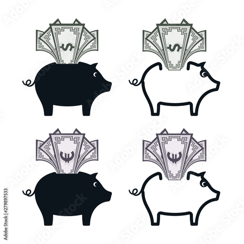 Piggy bank icons with banknotes