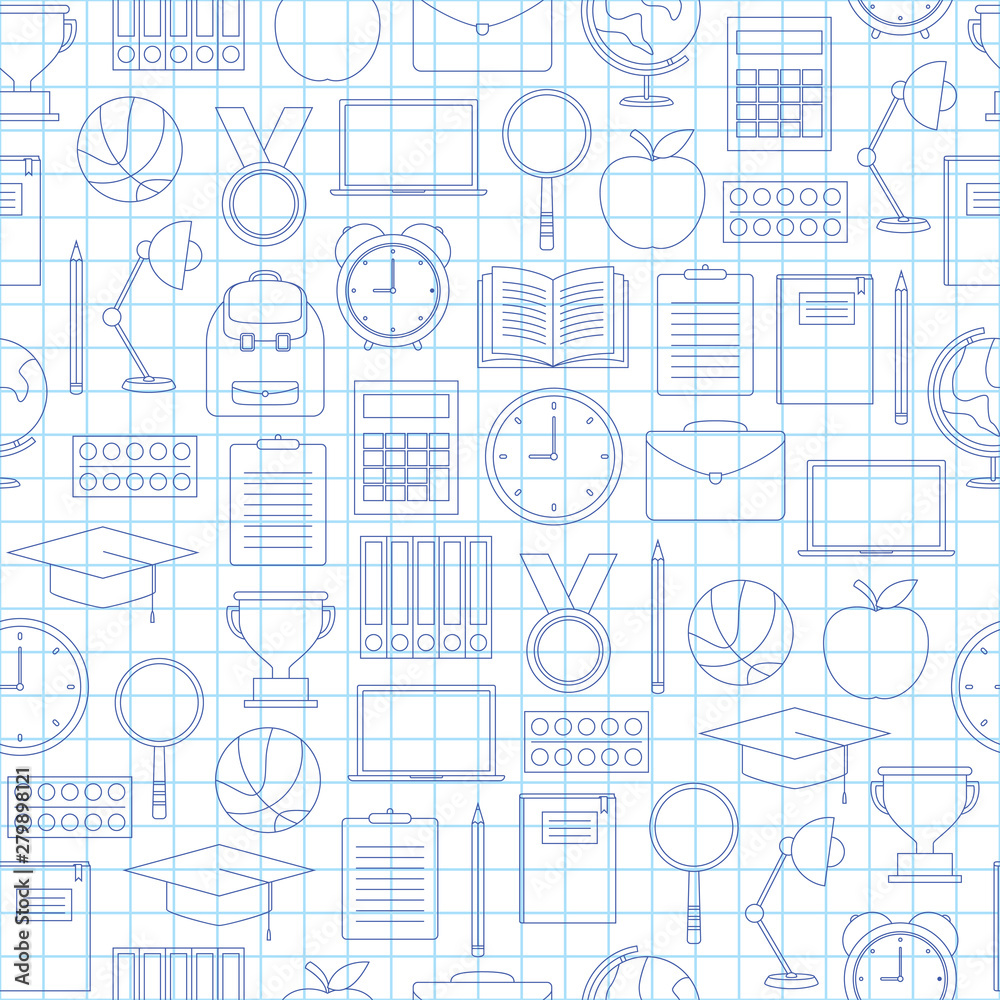 Seamless pattern with school supplies on white background, vector illustration