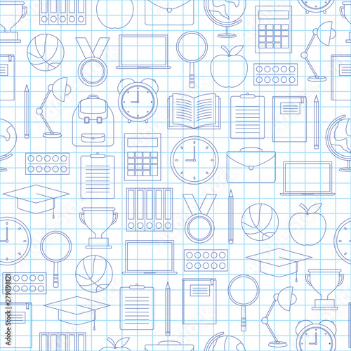 Seamless pattern with school supplies on white background, vector illustration