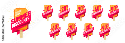 Special offer summer sale Advertising labels set with icecream design element and typography, tags up to 10 - 90 percent