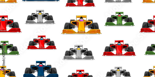 Sport car seamless pattern, modern racing cars front view repeated illustration in different colours, fabric or package backdrop