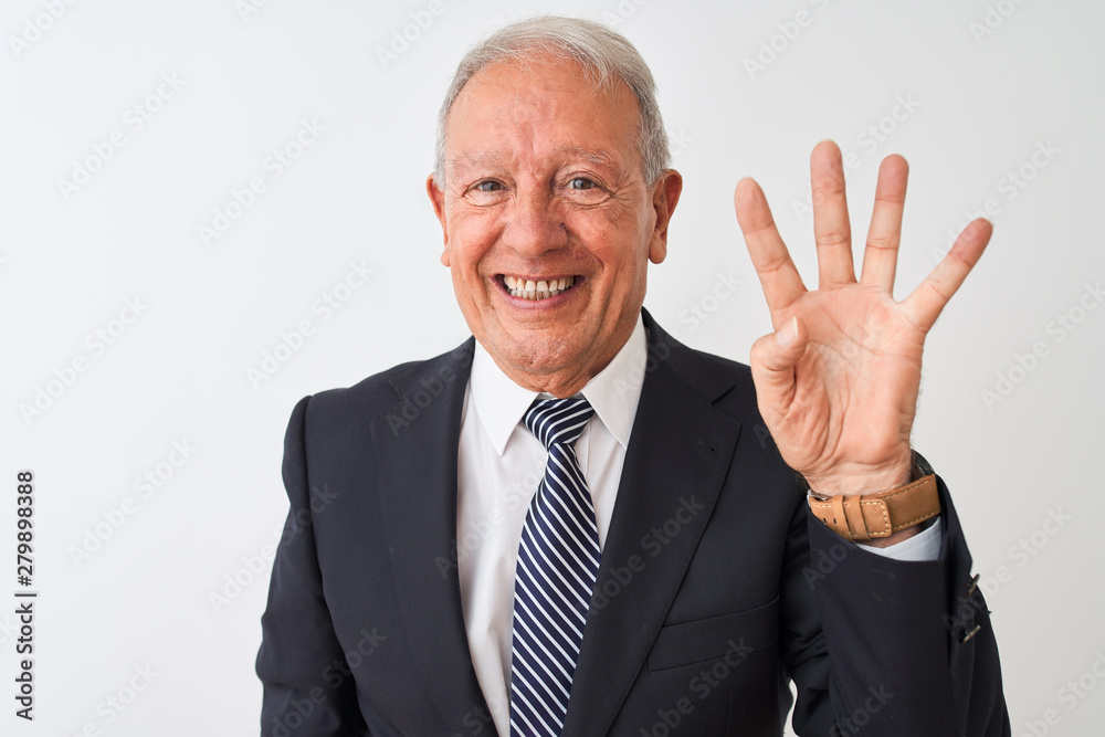 Senior grey-haired businessman wearing suit standing over isolated white background showing and pointing up with fingers number four while smiling confident and happy. Senior grey-haired businessman wearing suit standing over isolated white background showing and pointing up with fingers number four while smiling confident and happy.