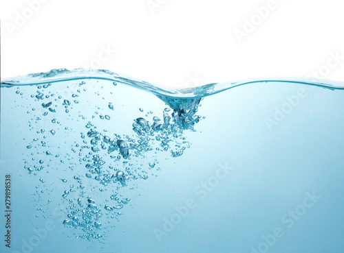 blue water with air bubbles underwater isolated on white background