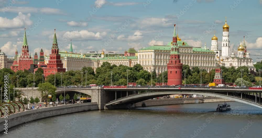 Kremlin, Moscow, Russia. Kremlin, Moscow River, Grand Kremlin Palace and Ivan the Great Bell-Tower. Time laps 4K RAW