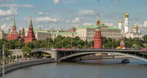 Kremlin, Moscow, Russia. Kremlin, Moscow River, Grand Kremlin Palace and Ivan the Great Bell-Tower. Time laps 4K RAW