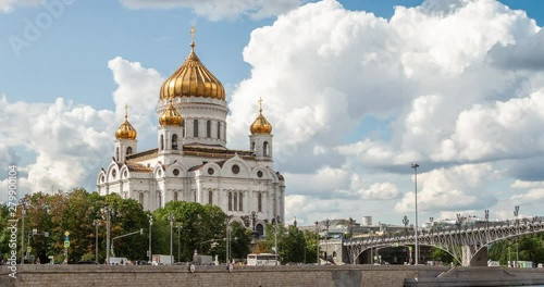 Moscow, Russia. Cathedral of Christ the Saviour and Mocow River. Time laps 4K RAW