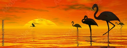 Peaceful Flamingos by Beautiful Sunset - 3D rendre