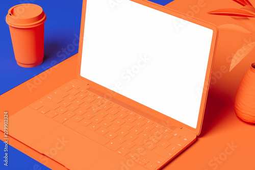 Orange laptop with white blank screen isolated on orange and blue background. 3d rendering.