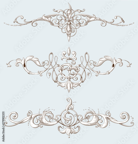 Set of vintage decorative elements with Baroque ornament. Engraving style