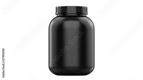 Super realistic 3d illustration sport nutrition container without label. Whey protein and mass gainer black plastic jar isolated on white background photo