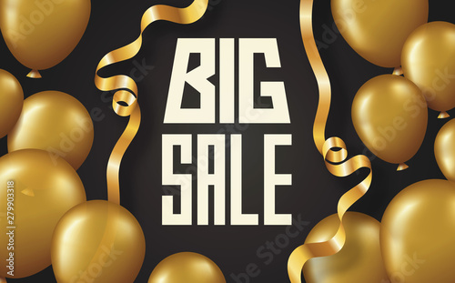 Big sale lettering poster card with golden glossy balloons and curved ribbon on black background