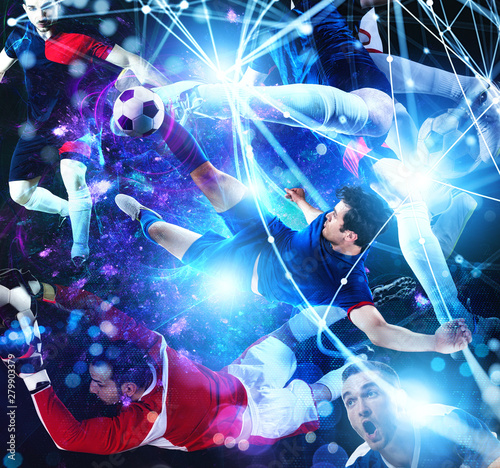 Football scene with soccer player in front of a futuristic digital background © alphaspirit