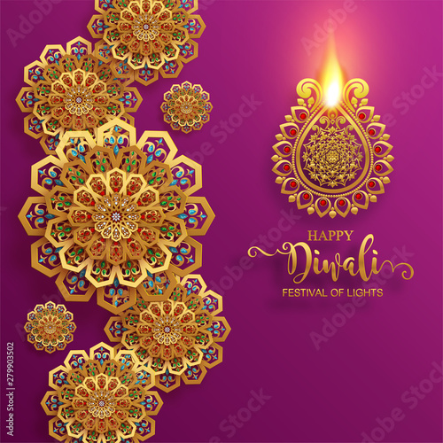 Diwali, Deepavali or Dipavali the festival of lights india with gold diya patterned and crystals on paper color Background.