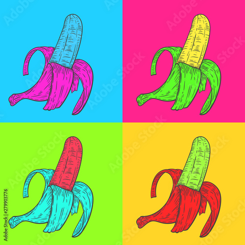 Abstract composition with hand drawn sketch banana in fashion pop art style. Zine culture vector illustration. Creative design concept.
