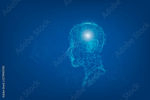 Human head and brain with Artificial intelligence concept from lines, triangles and particle style design. Illustration vector