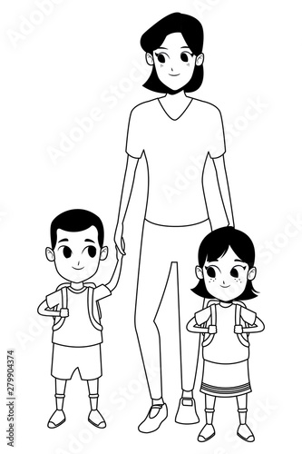 Family single mother with kid in black and white
