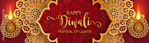 Diwali, Deepavali or Dipavali the festival of lights india with gold diya patterned and crystals on paper color Background.