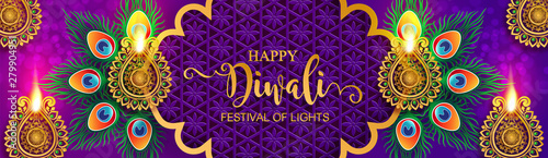 Diwali, Deepavali or Dipavali the festival of lights india with gold diya patterned and crystals on paper color Background.