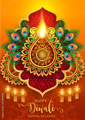 Diwali, Deepavali or Dipavali the festival of lights india with gold diya patterned and crystals on paper color Background.