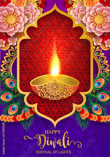 Diwali, Deepavali or Dipavali the festival of lights india with gold diya patterned and crystals on paper color Background.