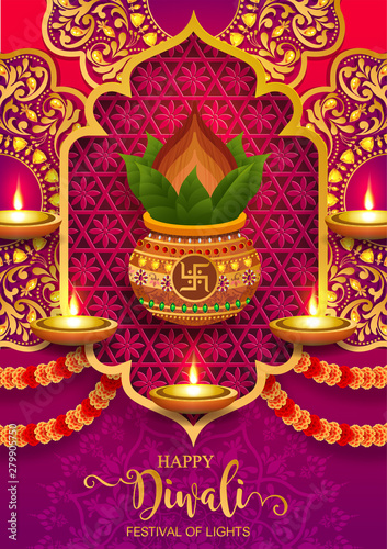 Diwali, Deepavali or Dipavali the festival of lights india with gold diya patterned and crystals on paper color Background.