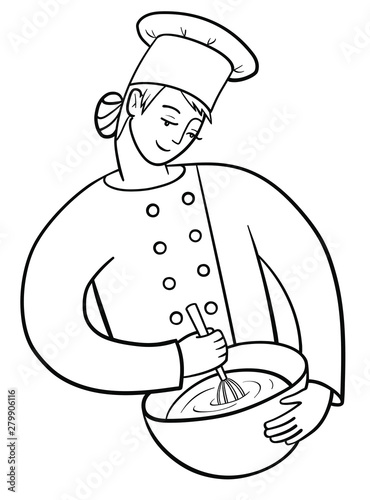 Happy female cook holds a cooking utensil and a whisk. Pastry-cook in chef uniform and cap at work. Vector outline illustration drawings on a white background
