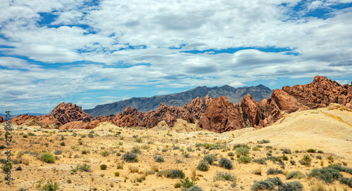 Valley of fire state park  Nevada USA. Red sandstone formations  blue sky with clouds