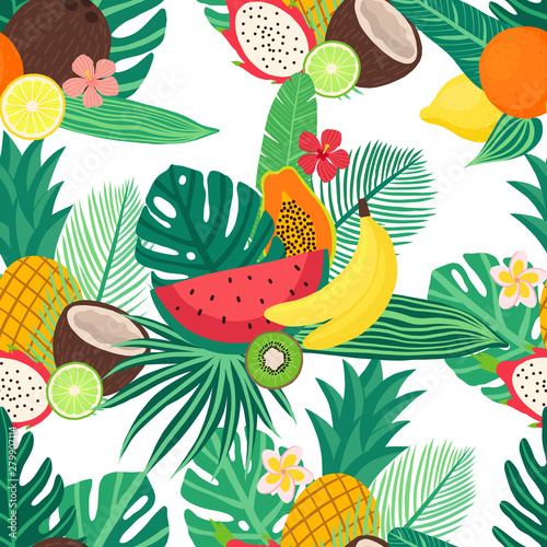 vector seamless pattern of exotic fruits and leaves of tropic plant: pineapple, watermelon, lemon, lime, coconut, banana, papaya, kiwi, dragon fruit. Tropical food. Hand-drawn flat illustration. 