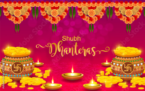 Diwali, Deepavali or Dipavali the festival of lights india with gold diya patterned and crystals on paper color Background.