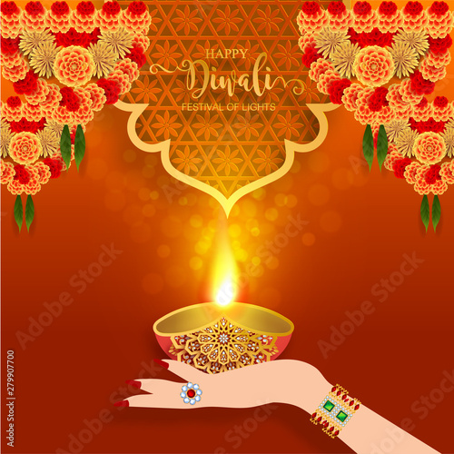 Diwali, Deepavali or Dipavali the festival of lights india with gold diya patterned and crystals on paper color Background.