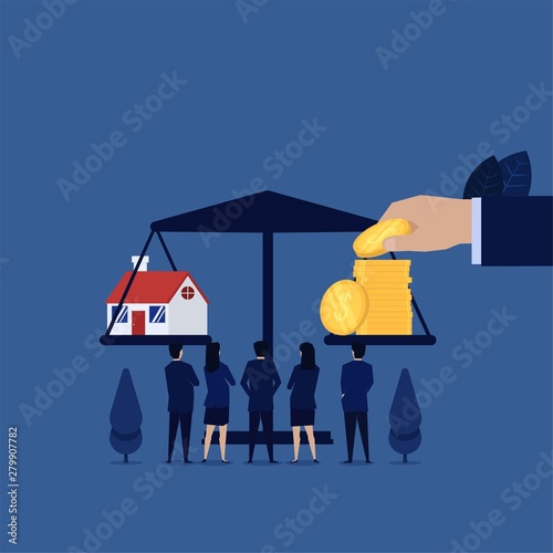 Business team see home loan on balance with coins.