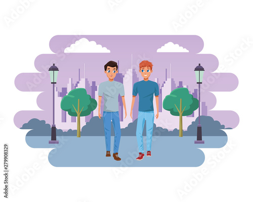 Young couple smiiling and walking cartoon photo