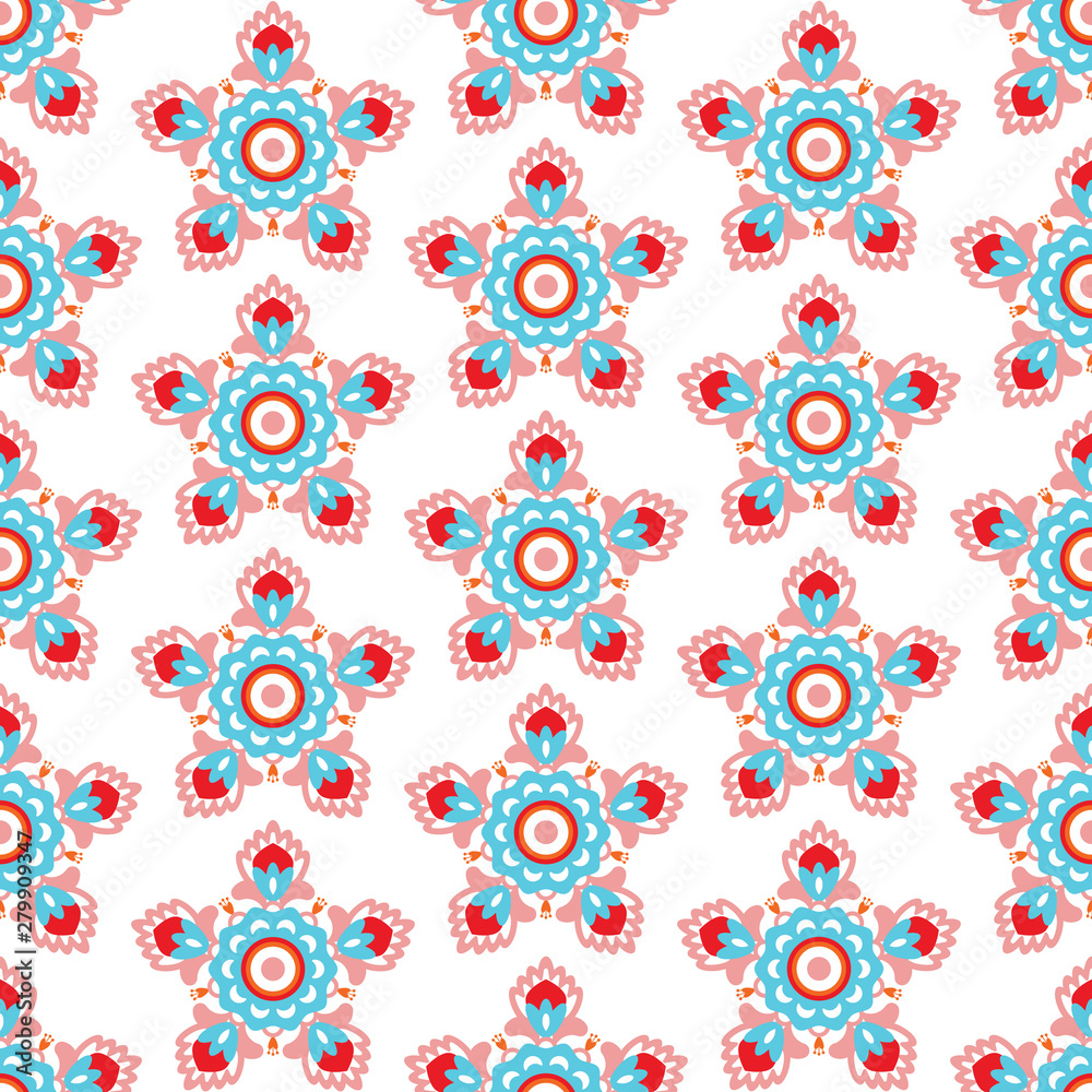 Ethnic floral ornament pattern. Blue and red colored abstract flowers on white