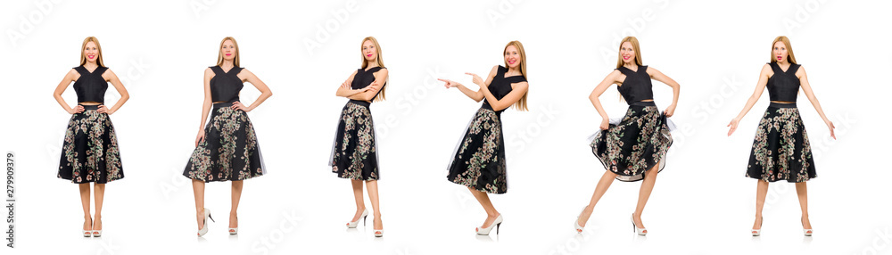 Woman in floral dark skirt isolated on white Woman in floral dark skirt isolated on white