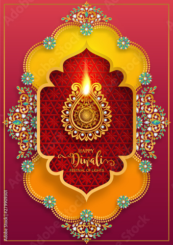 Diwali, Deepavali or Dipavali the festival of lights india with gold diya patterned and crystals on paper color Background.