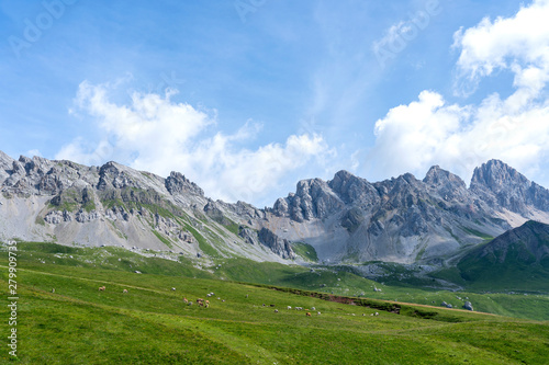 San Pellegrino Pass, Moena , Trentino Alto Adige, Alps, Dolomites, Italy: Landscape at the San Pellegrino Pass (1918 m).It's a high mountain pass in the Italian Dolomites. Summer landscape in the Alps