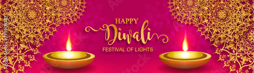 Diwali, Deepavali or Dipavali the festival of lights india with gold diya patterned and crystals on paper color Background.