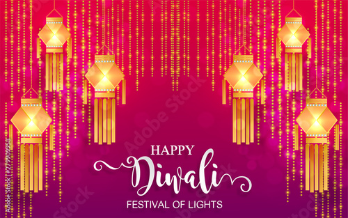 Diwali, Deepavali or Dipavali the festival of lights india with gold diya patterned and crystals on paper color Background.