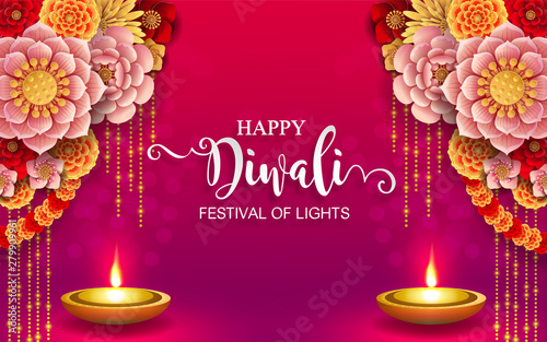 Diwali, Deepavali or Dipavali the festival of lights india with gold diya patterned and crystals on paper color Background.