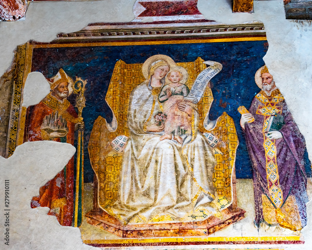 Madonna Child Saints Gregory and Gimignano Fresco San Gimignano Italy