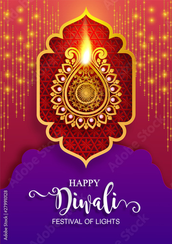 Diwali, Deepavali or Dipavali the festival of lights india with gold diya patterned and crystals on paper color Background.