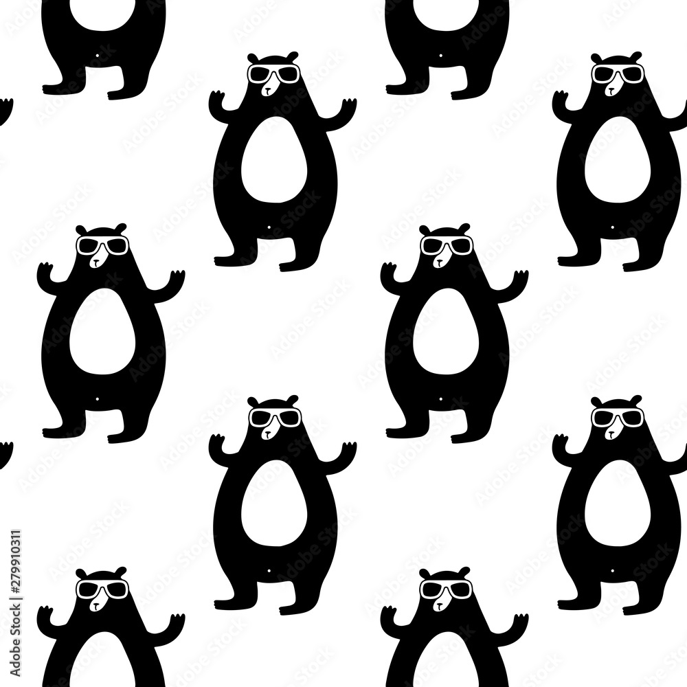 Cute cartoon hipster bear pattern with bear in sunglasses. Funny vector  black and white hipster bear pattern. Seamless monochrome hipster bear  pattern for textile, wallpapers, wrap, cards and web. Stock Vector |