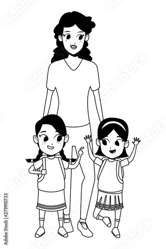 Family single mother with kid in black and white