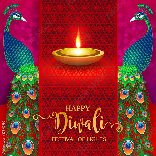 Diwali, Deepavali or Dipavali the festival of lights india with gold diya patterned and crystals on paper color Background.