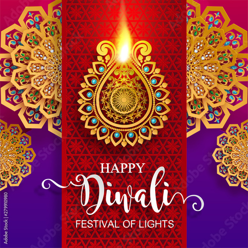 Diwali, Deepavali or Dipavali the festival of lights india with gold diya patterned and crystals on paper color Background.