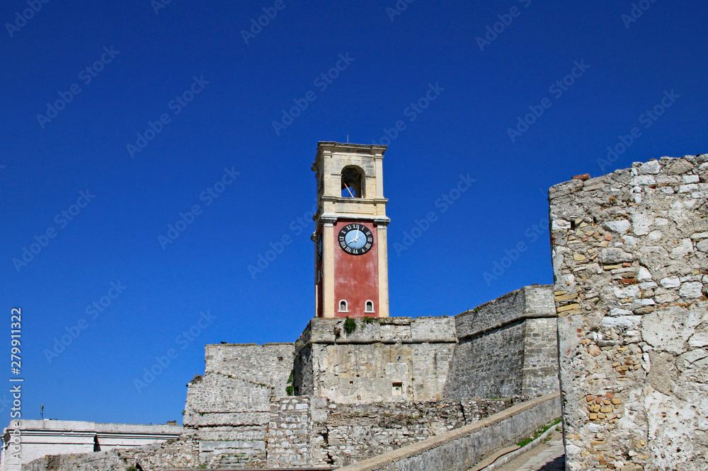A clock tower in the old fortress in Corfu Town, Corfu, Greece